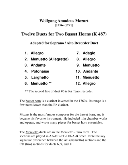 Twelve Mozart Duets for SA Recorders image number null