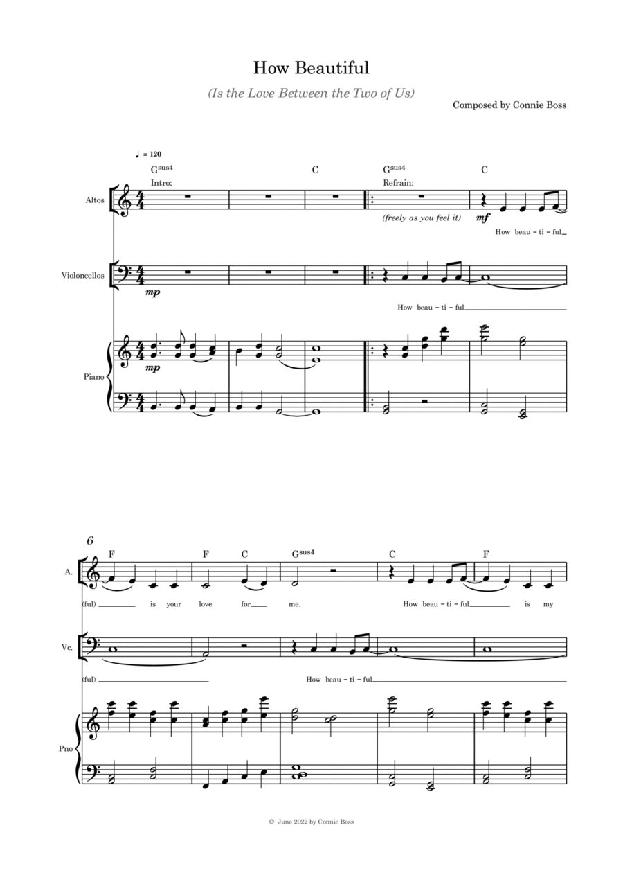How Beautiful (Is the Love Between the Two of Us) - Alto solo, cello and piano Piano, Vocal, Guitar scores gallery preview page 1