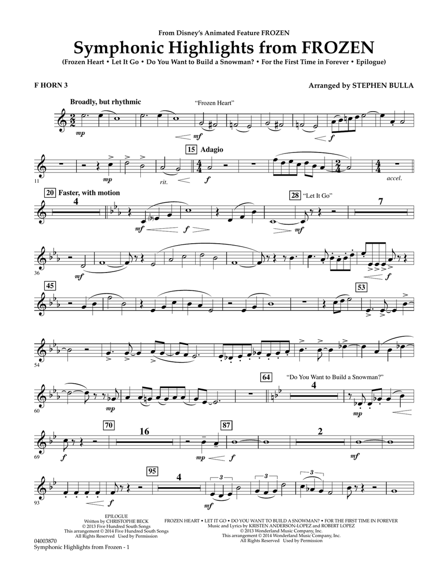 Symphonic Highlights from Frozen - F Horn 3 Concert Band scores gallery preview page 1