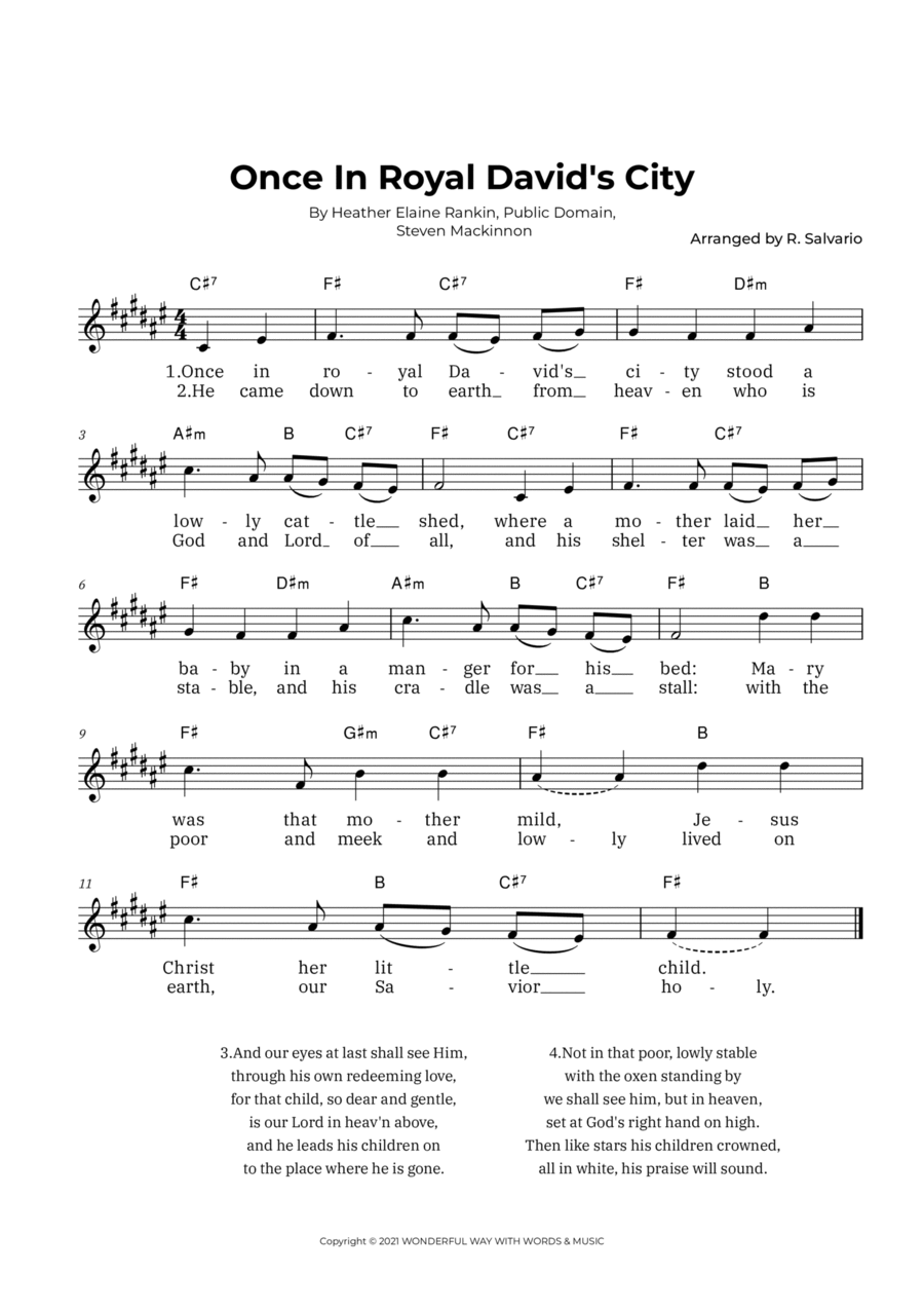 Once In Royal David's City (Key of F-Sharp Major) Easy Piano scores gallery preview page 1