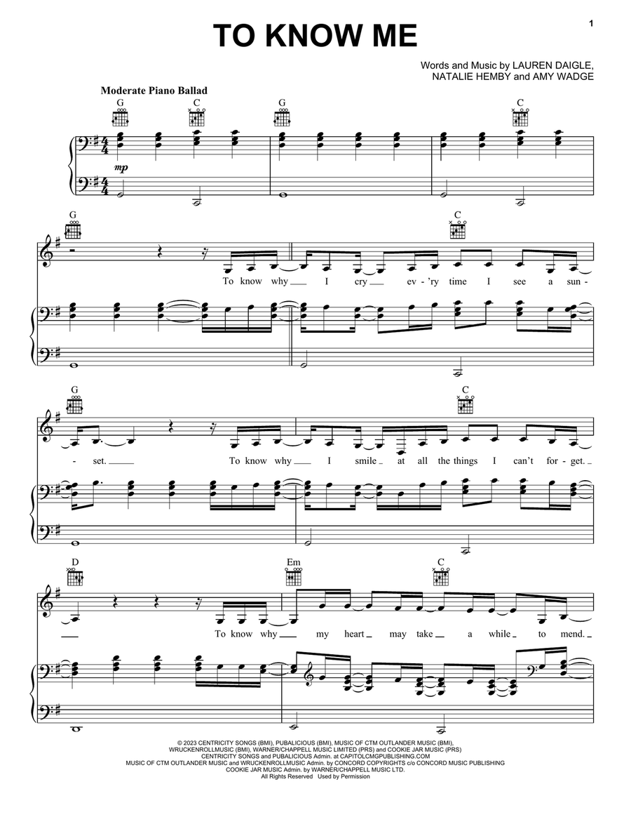 To Know Me To Know Me Piano, Vocal, Guitar scores gallery preview page 1