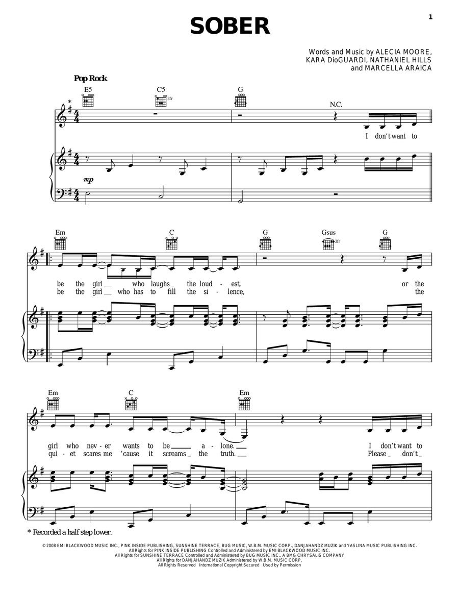 Sober Piano, Vocal, Guitar scores gallery preview page 1