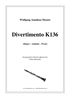 Book cover for Divertimento in D major K136 for Clarinet Quartet or Clarinet Choir