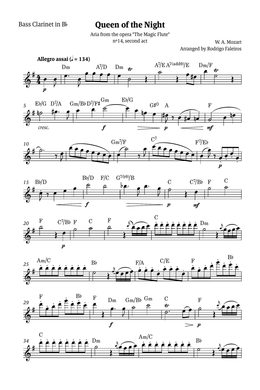 Queen of the Night - for solo bass clarinet in Bb (with chords) Chamber Music scores gallery preview page 1