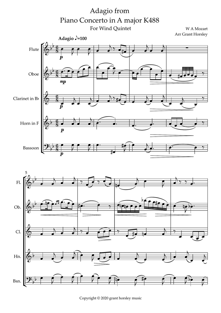 Adagio. For Wind Quintet from Piano Concerto in A major K488 (Mozart) Woodwind Quintet scores gallery preview page 2
