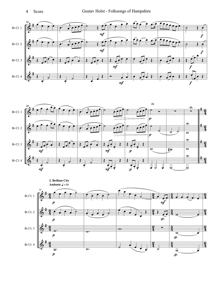 Gustav Holst - Folksongs of Hampshire set for Clarinet Quartet Clarinet Quartet scores gallery preview page 5
