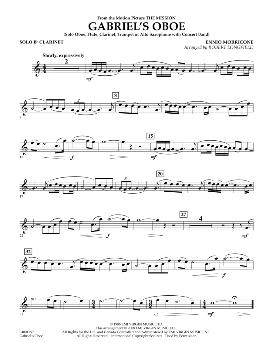 Gabriel's Oboe (from The Mission) - Solo Bb Clarinet B-Flat Clarinet scores gallery preview page 1