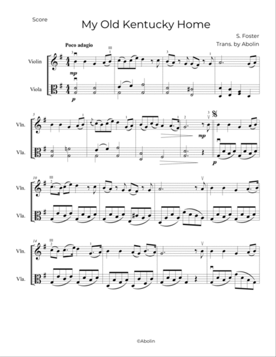 Foster: My Old Kentucky Home - Violin and Viola String Duet scores gallery preview page 2