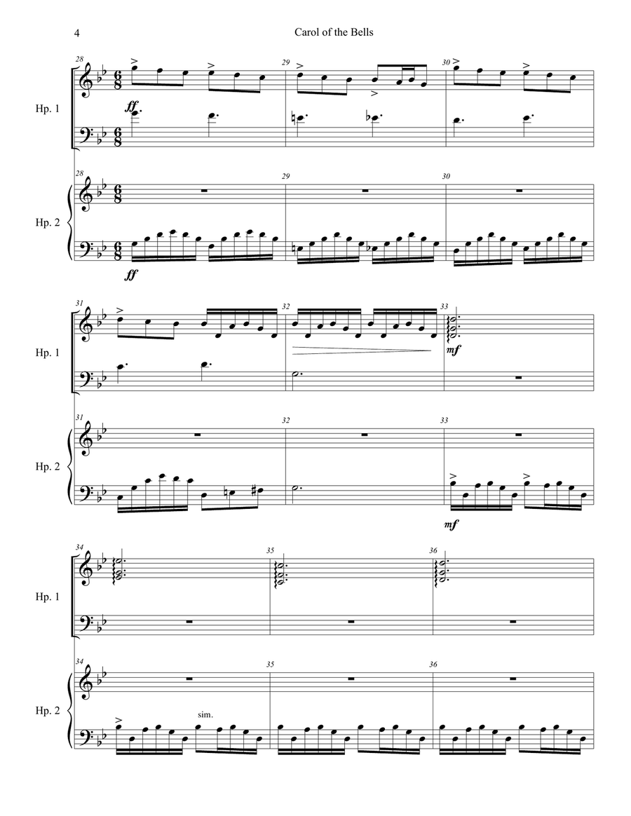 Carol of the Bells Harp Duet Harp scores gallery preview page 4