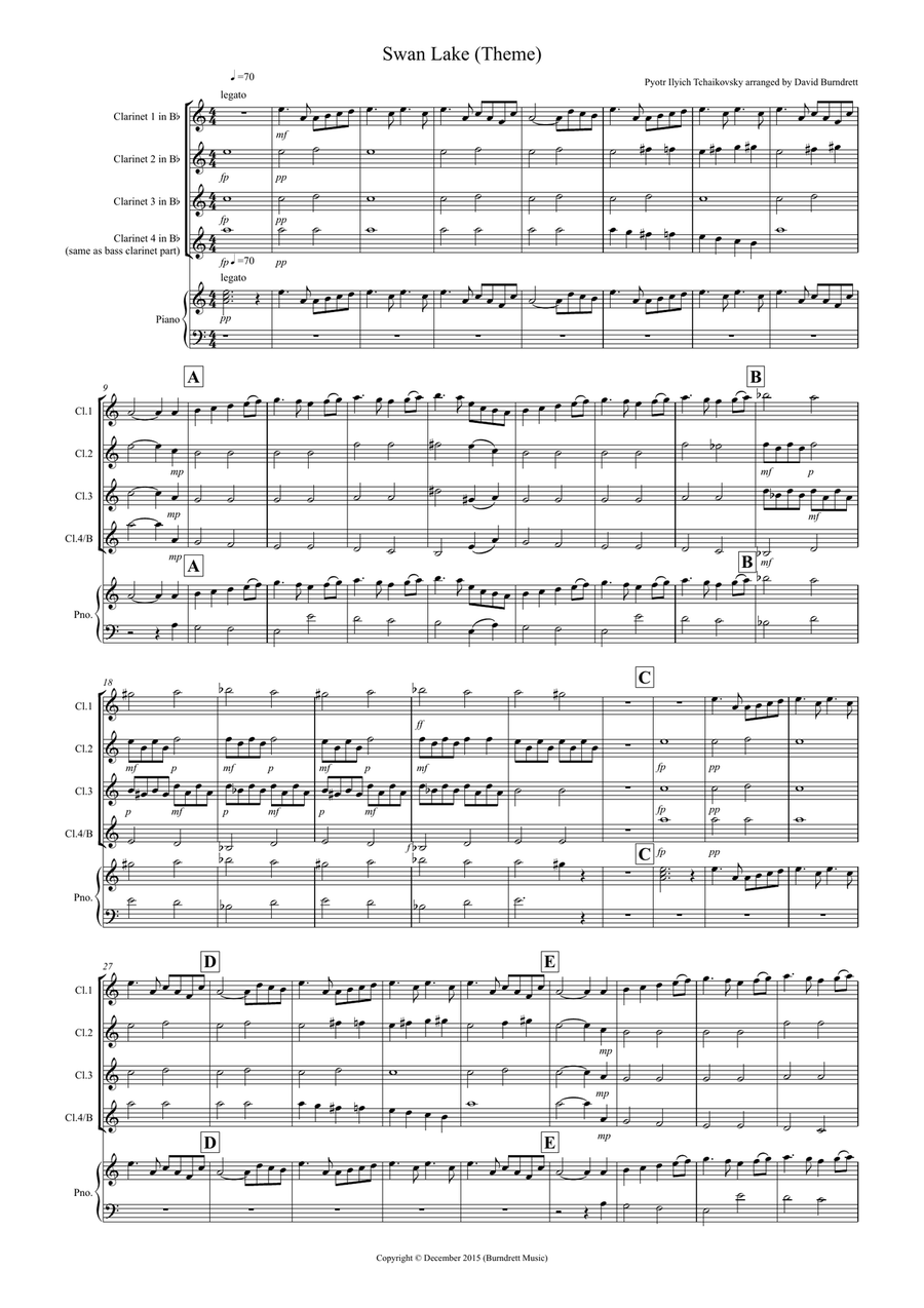 Swan Lake Theme for Clarinet Quartet Clarinet Quartet scores gallery preview page 1