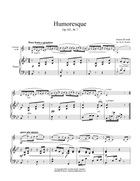 Humoresque, Op. 101, No. 7 for easy clarinet in Bb and piano image number null