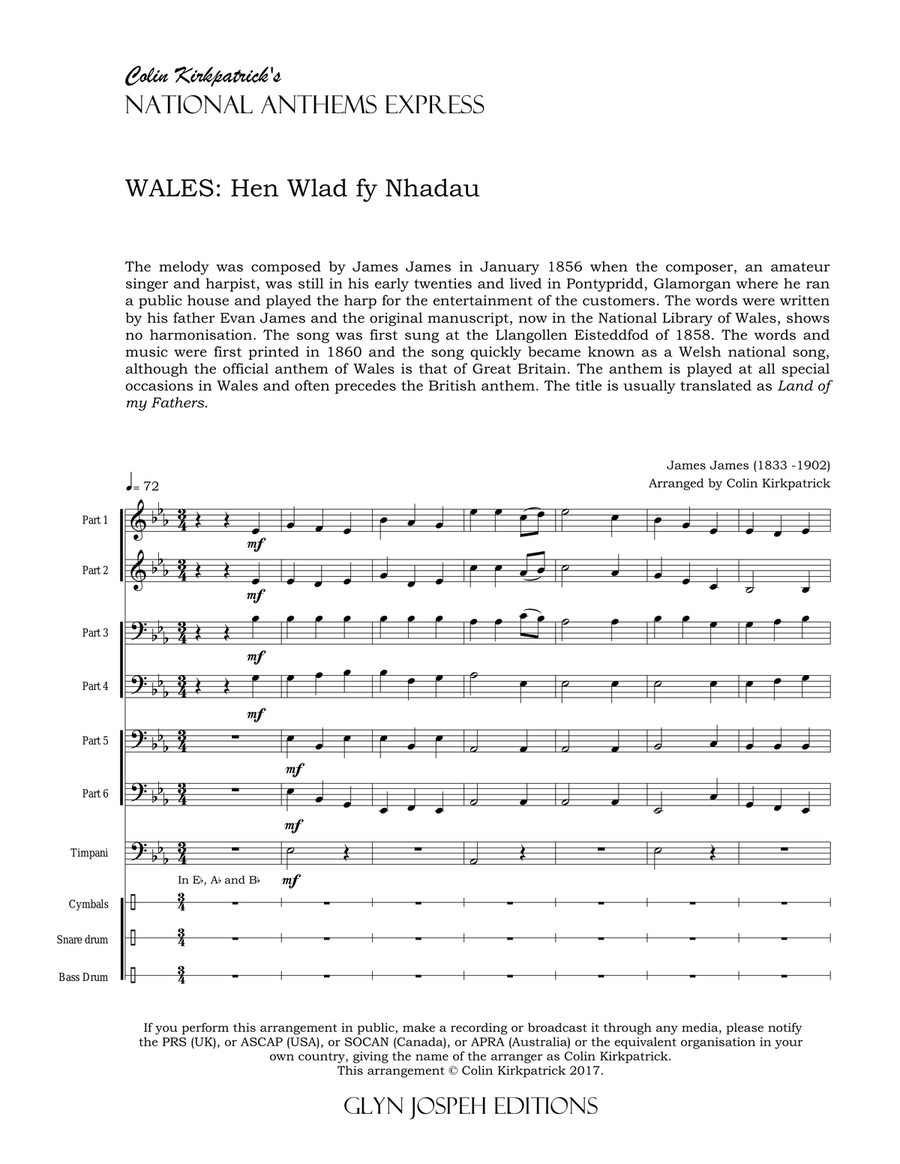 Wales National Anthem: Hen Wlad fy Nhadau (The Land of my Fathers) Large Ensemble scores gallery preview page 4