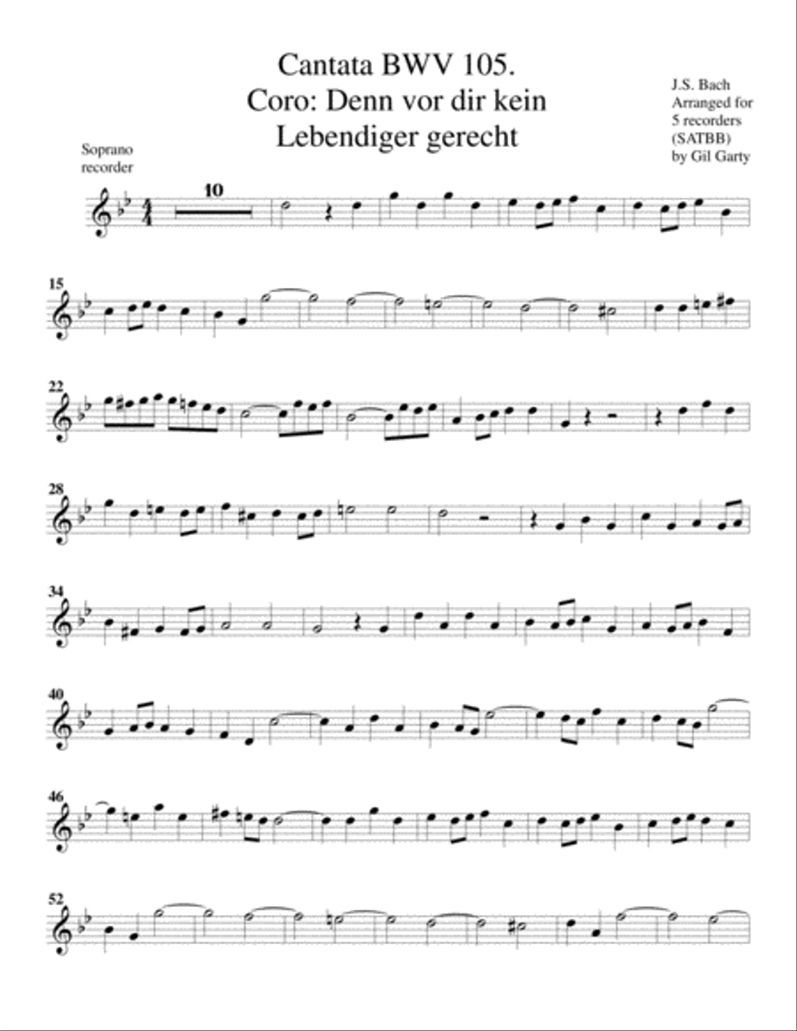 Coro: Denn vor dir wird kein Lebendiger gerecht from Cantata BWV 105 (arrangement for 5 recorders)