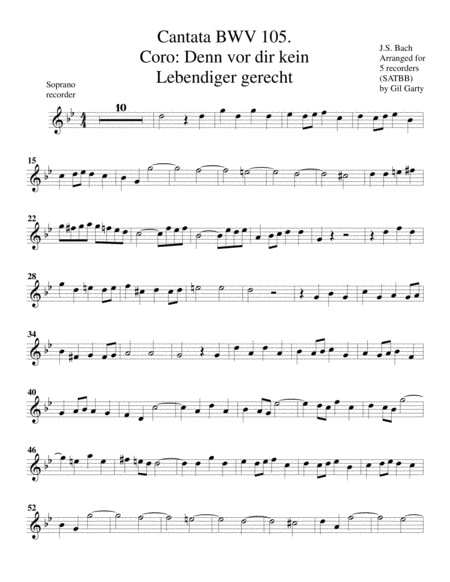 Coro: Denn vor dir wird kein Lebendiger gerecht from Cantata BWV 105 (arrangement for 5 recorders)