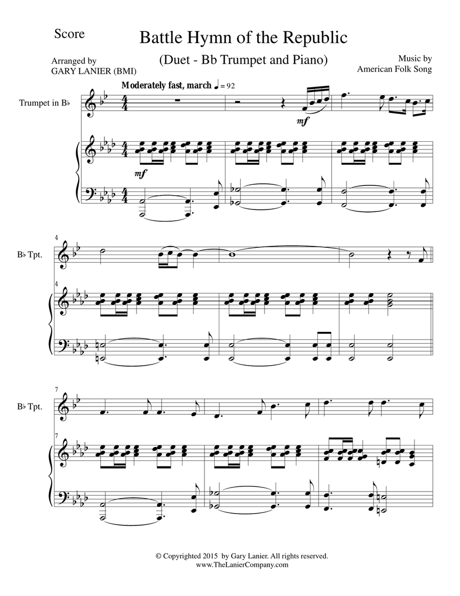 BATTLE HYMN OF THE REPUBLIC (Duet – Bb Trumpet and Piano/Score and Parts) Trumpet Duet scores gallery preview page 1