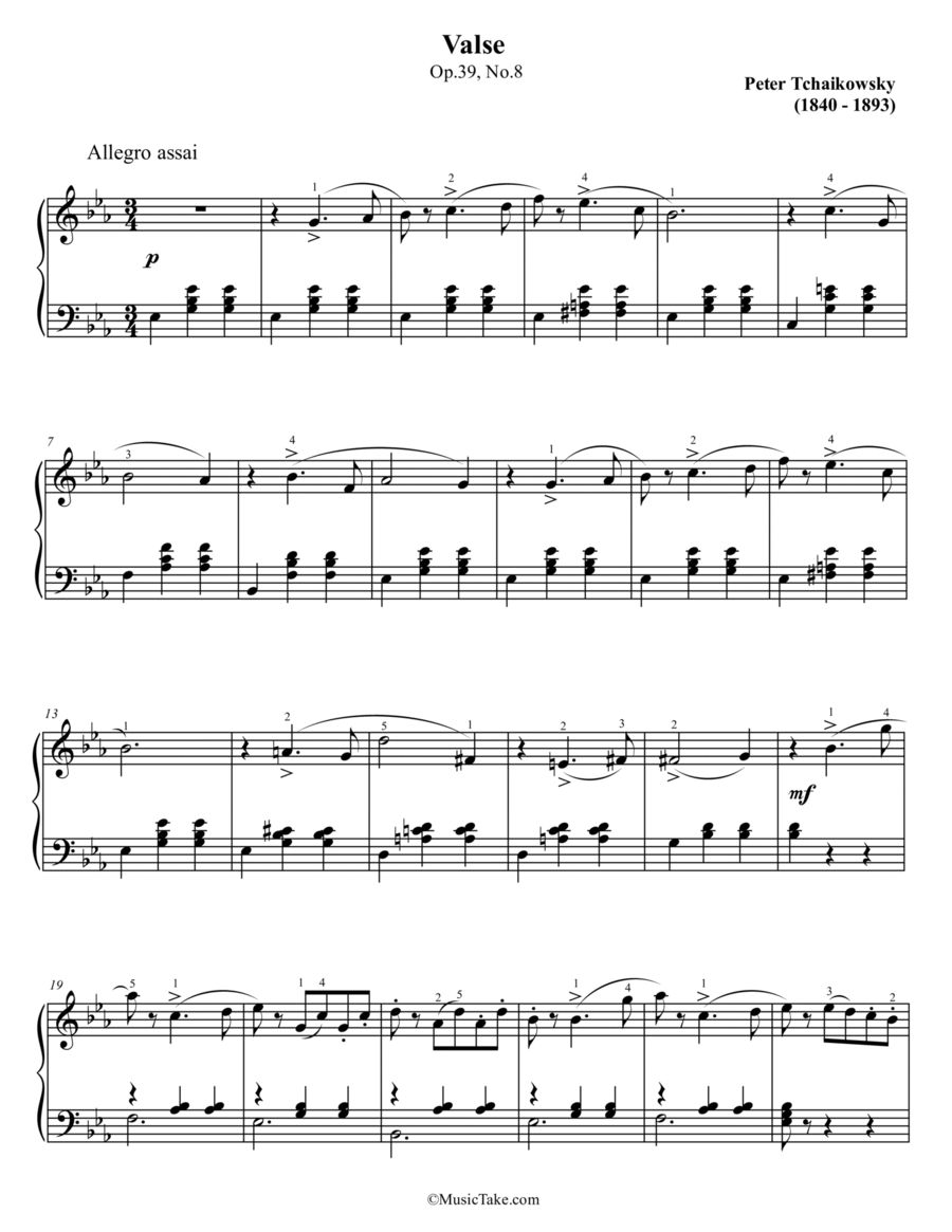 Tchaikovsky Waltz in E flat Major Op.39 No.8 Easy Piano scores gallery preview page 1