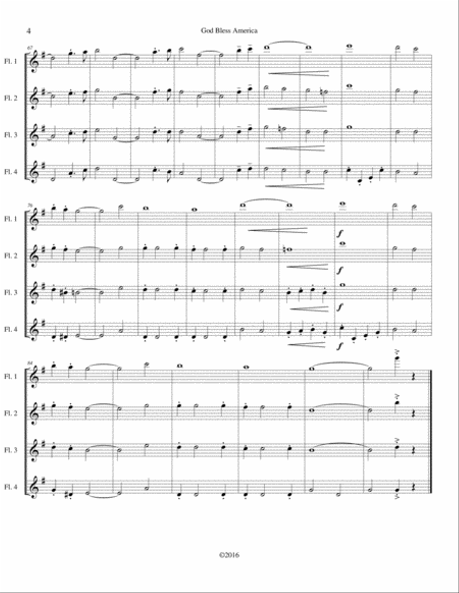 God Bless America Flute Quartet scores gallery preview page 4
