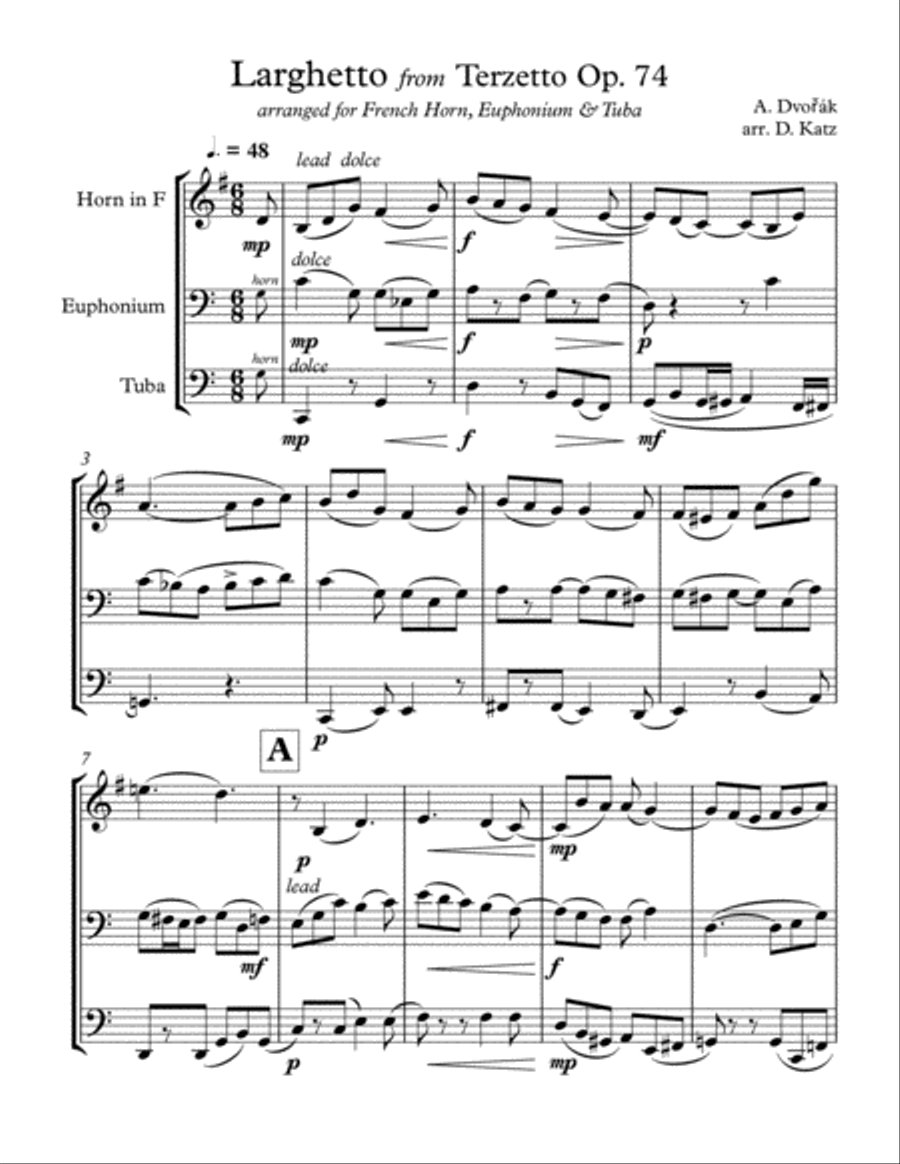 Larghetto from Terzetto Opus 74 by Antonin Dvořák Brass Ensemble scores gallery preview page 1