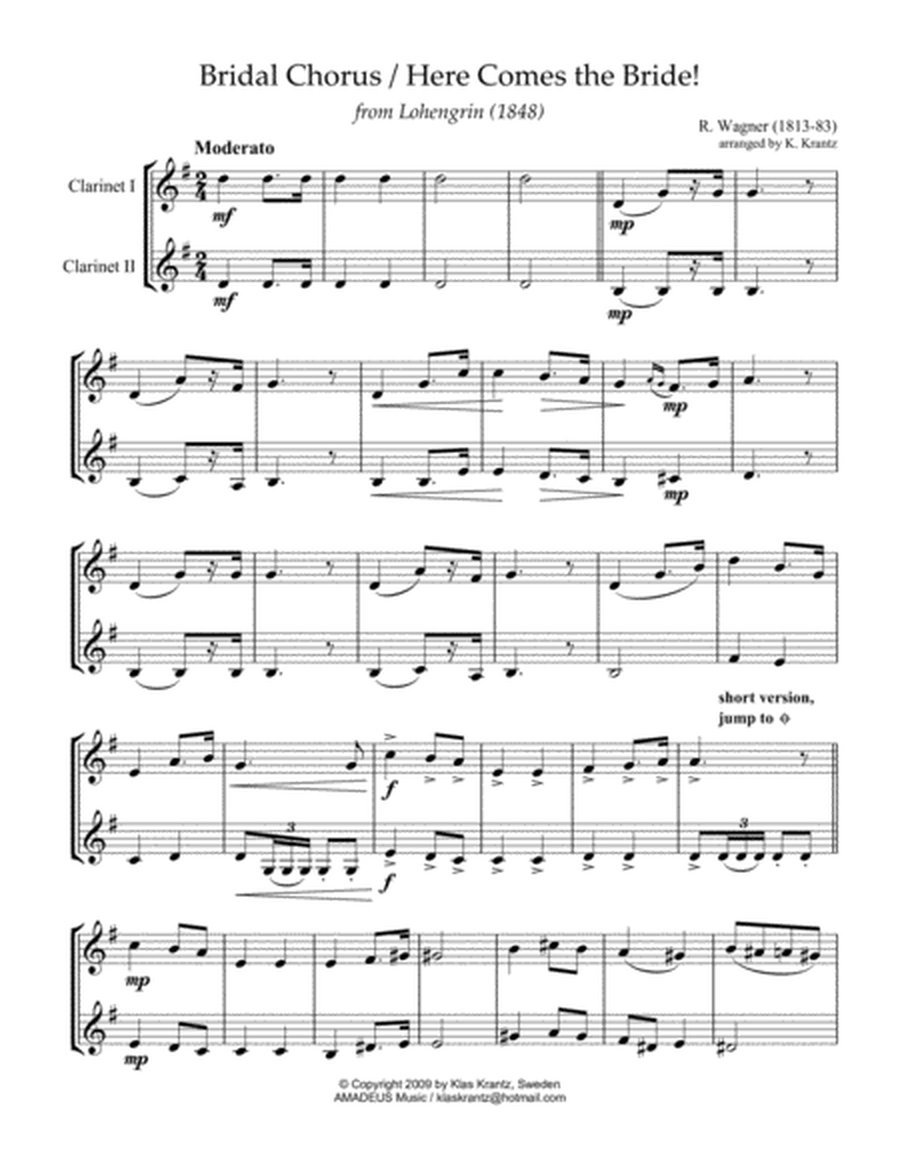Bridal Chorus / Here Comes the Bride! for clarinet duet (F major) image number null
