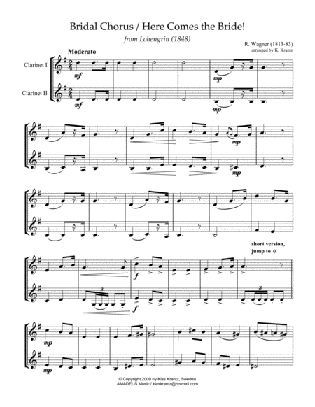 Bridal Chorus / Here Comes the Bride! for clarinet duet (F major) image number null