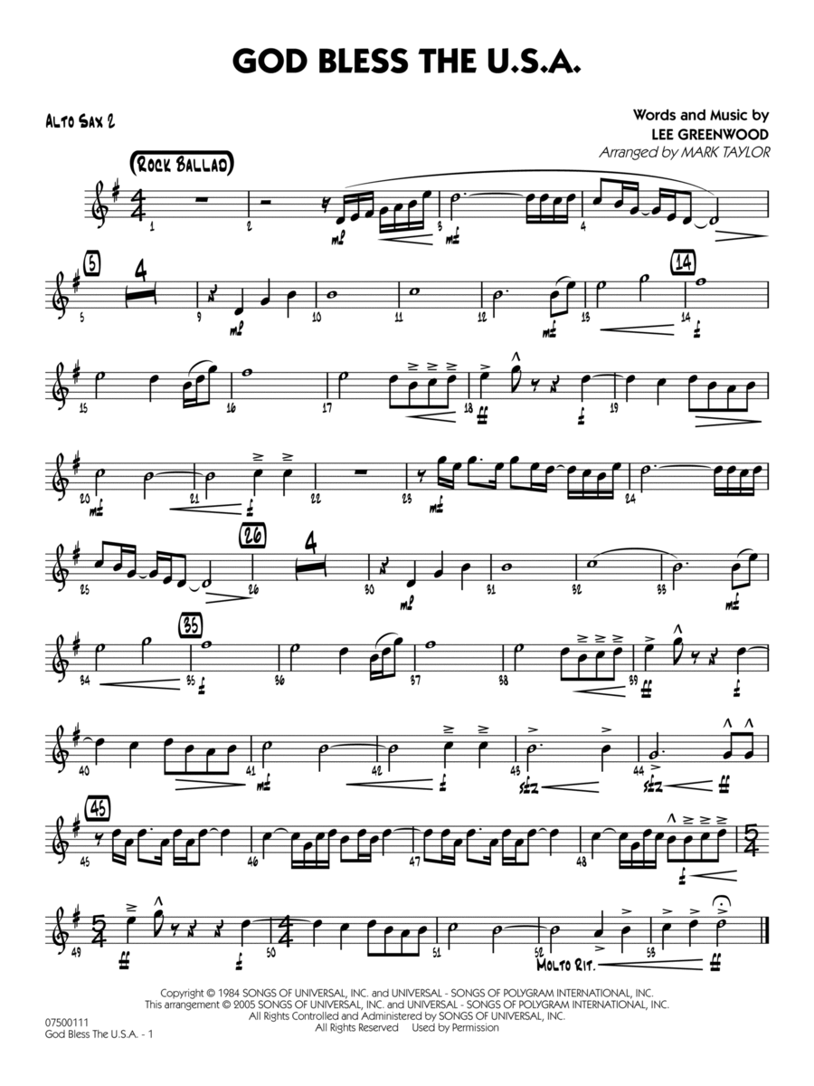 God Bless the U.S.A. (arr. Mark Taylor) - Alto Sax 2 Jazz Ensemble scores gallery preview page 1