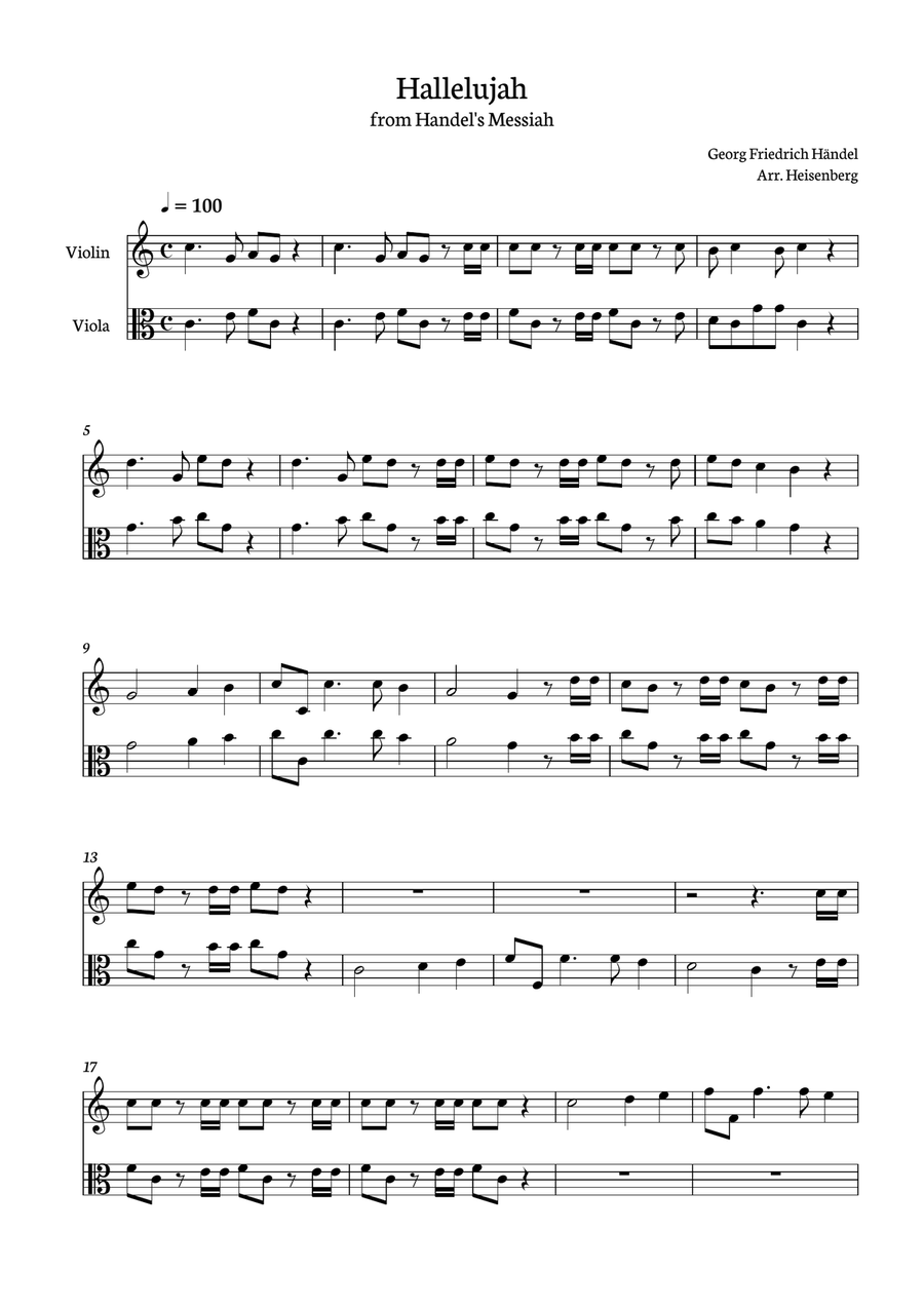 Hallelujah from Handel's Messiah for violin and viola String Duet scores gallery preview page 1