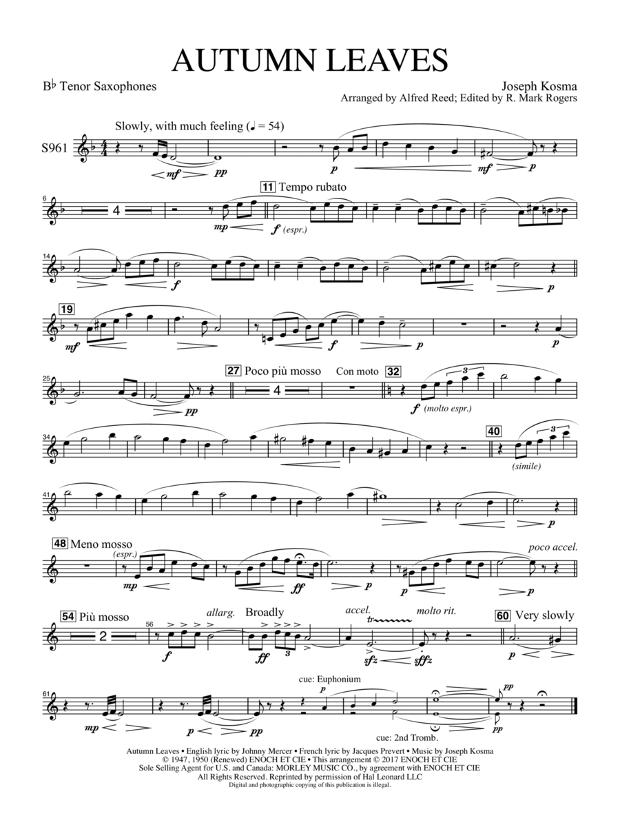 Autumn Leaves (Les feuilles mortes) - Tenor Saxophone Concert Band scores gallery preview page 1