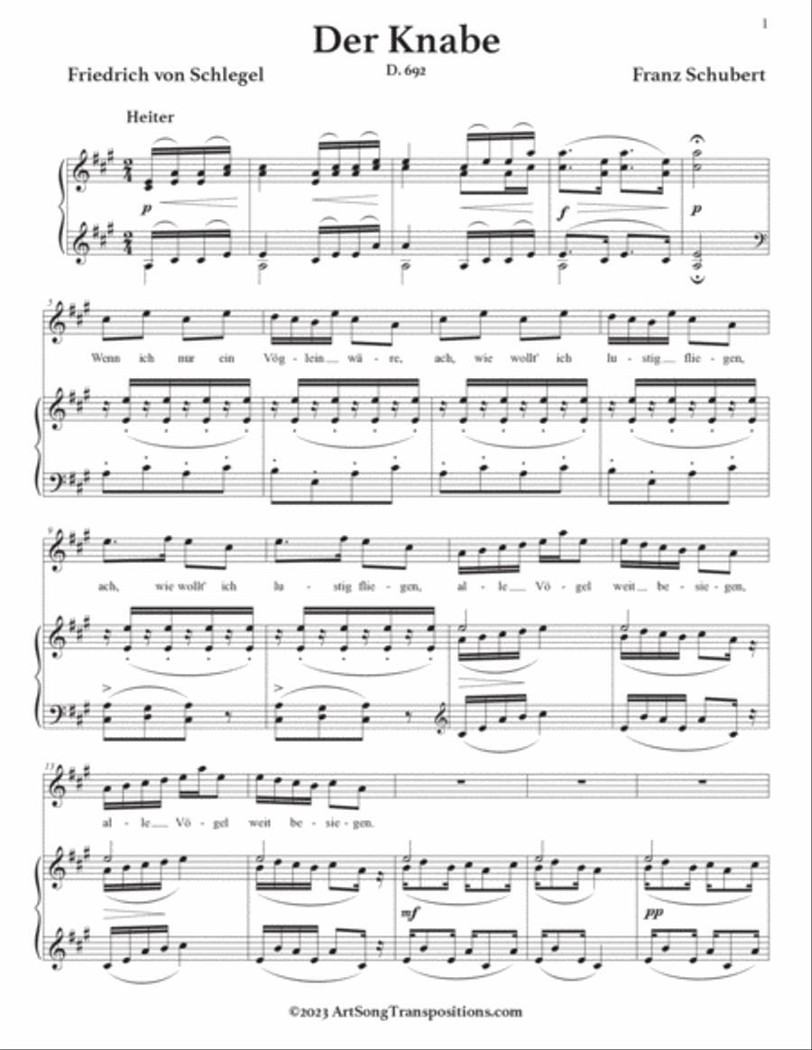 SCHUBERT: Der Knabe, D. 692 (transposed to A major) Voice scores gallery preview page 2