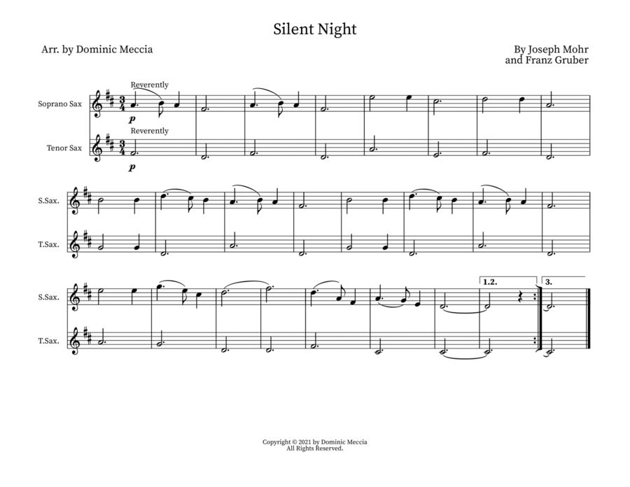 Silent Night- Soprano Sax and Tenor Sax Duet Woodwind Duet scores gallery preview page 1