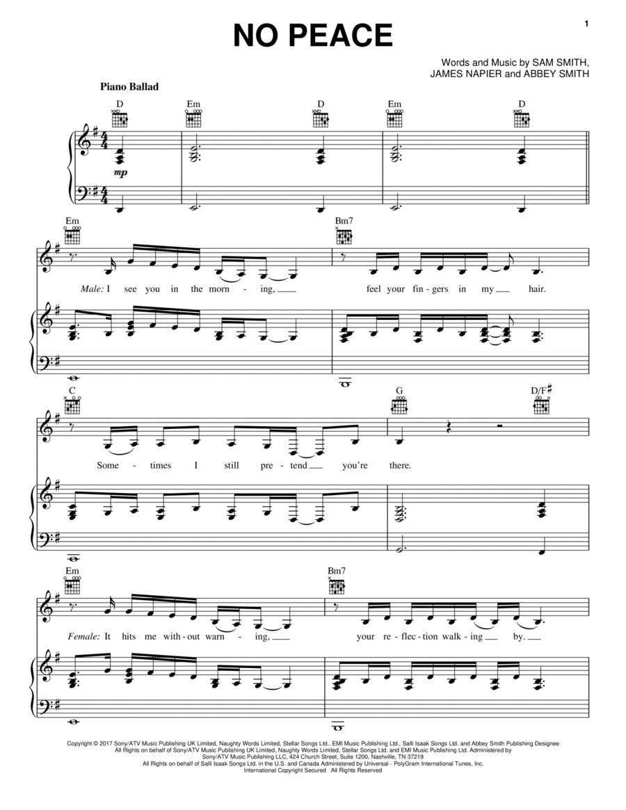 No Peace (feat. YEBBA) No Peace (feat. YEBBA) Piano, Vocal, Guitar scores gallery preview page 1