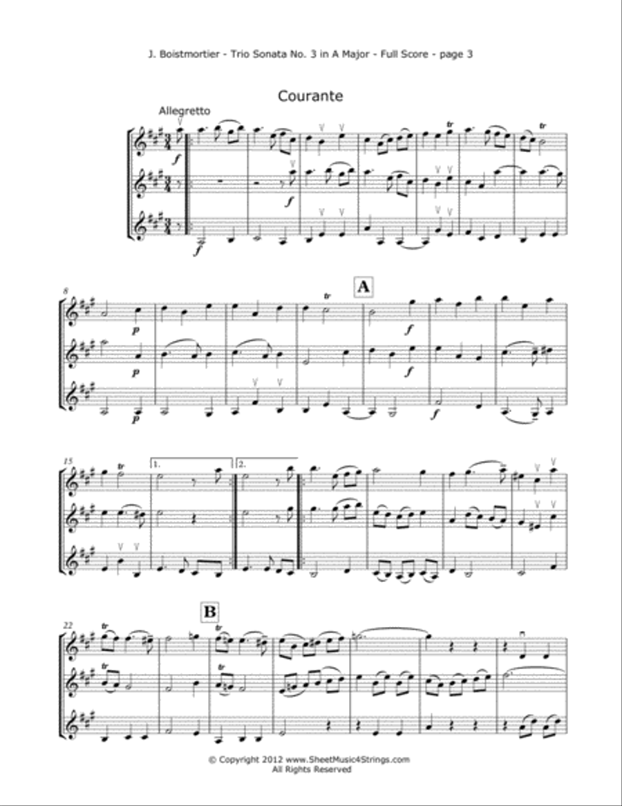Boismortier, J. - Sonata No. 3 (Mvt.1) for Three Violins String Trio scores gallery preview page 3