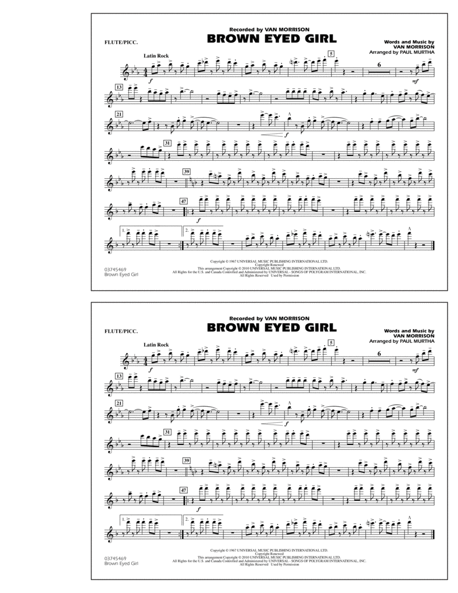 Brown Eyed Girl - Flute/Piccolo Marching Band scores gallery preview page 1