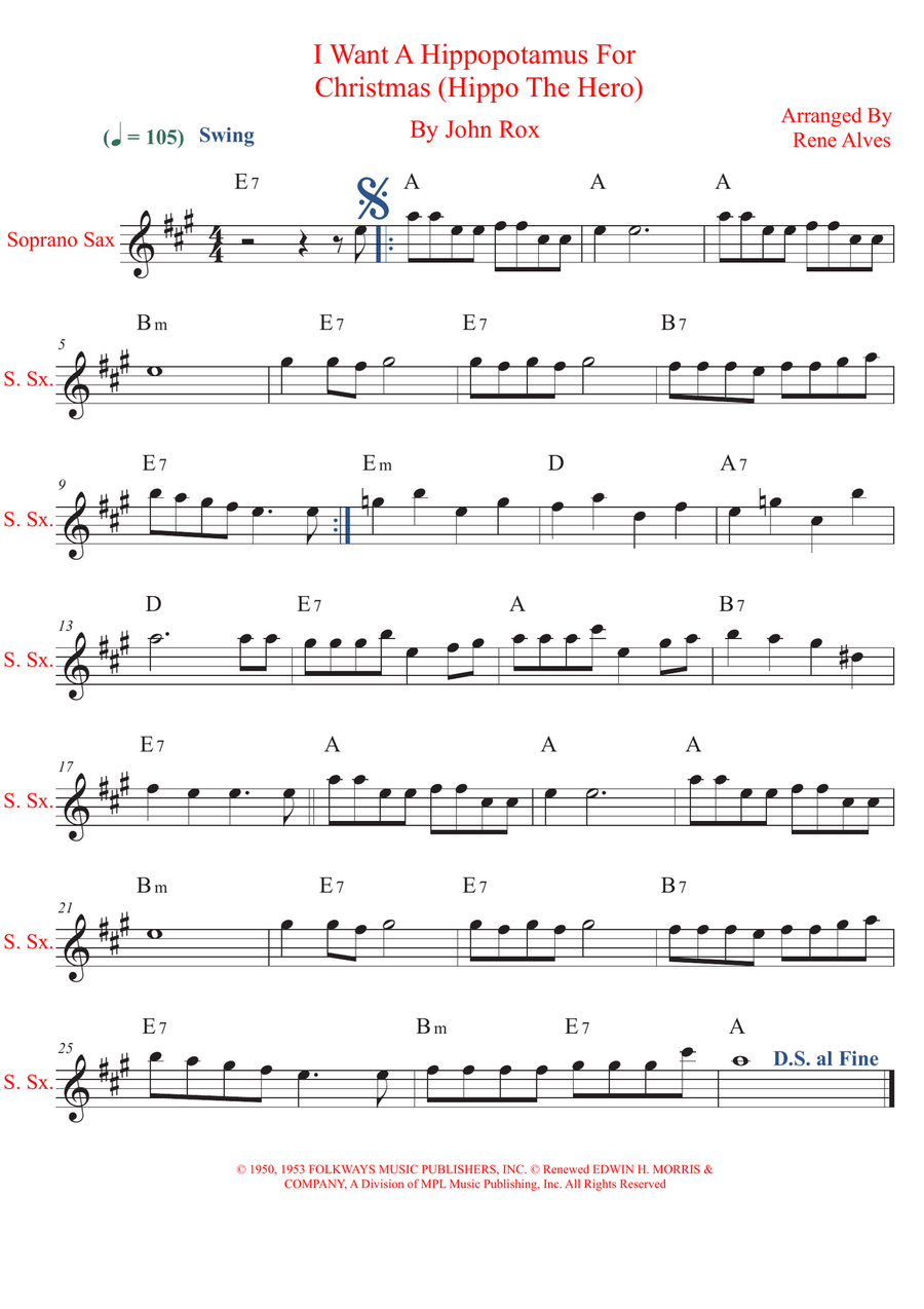 I Want A Hippopotamus For Christmas (Hippo The Hero) Soprano Saxophone scores gallery preview page 1