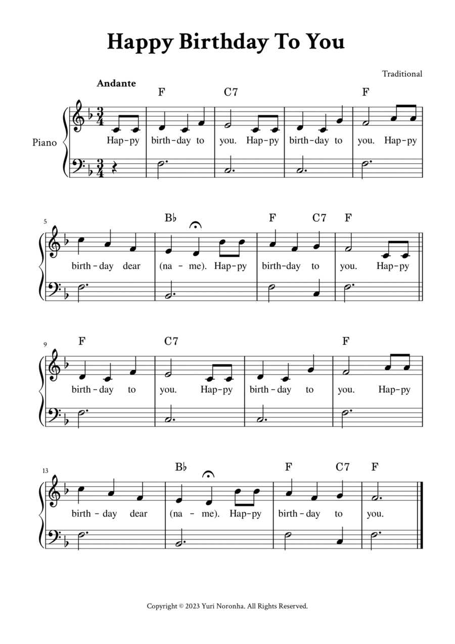 Happy Birthday To You Easy Piano in F with Lyrics by