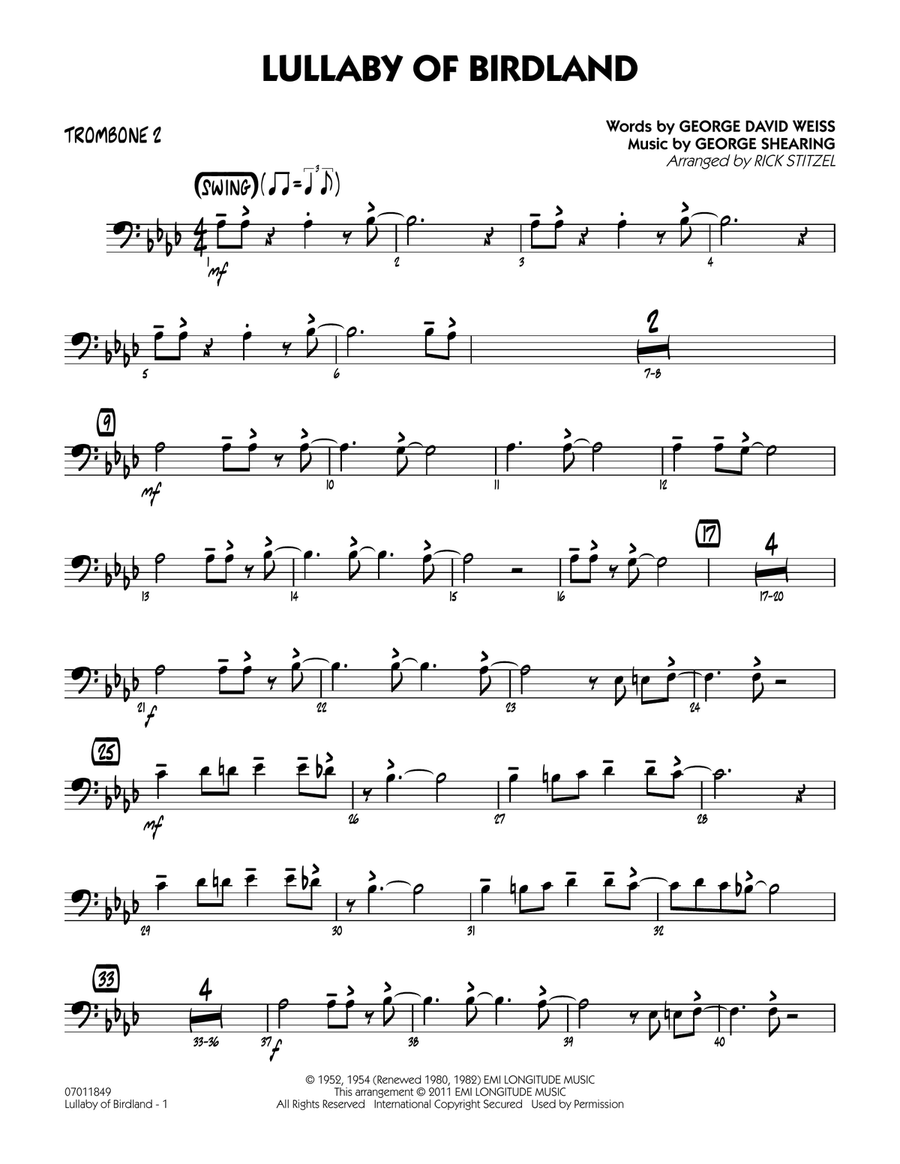 Lullaby Of Birdland - Trombone 2 Jazz Ensemble scores gallery preview page 1