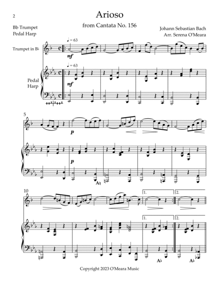 Arioso, Duet for Bb Trumpet & Pedal Harp by Johann Sebastian Bach Trumpet Duet - Digital Sheet Music