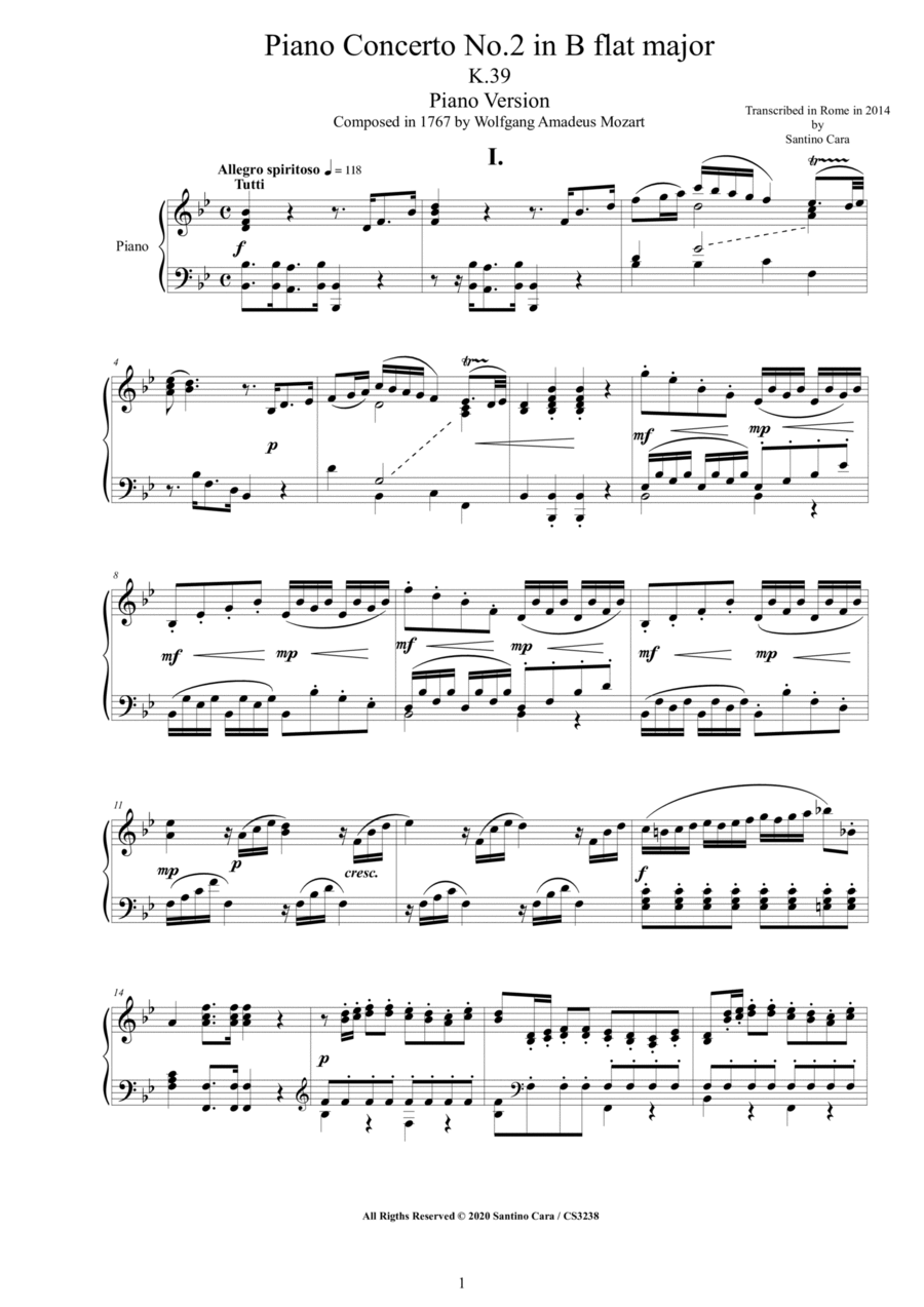 Mozart - Piano Concerto No.2 in B flat major K.39 - Piano Version Piano Solo scores gallery preview page 1