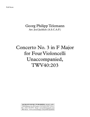 Book cover for Concerto No. 3 in F Major for Four Celli Unaccompanied, TWV40:203