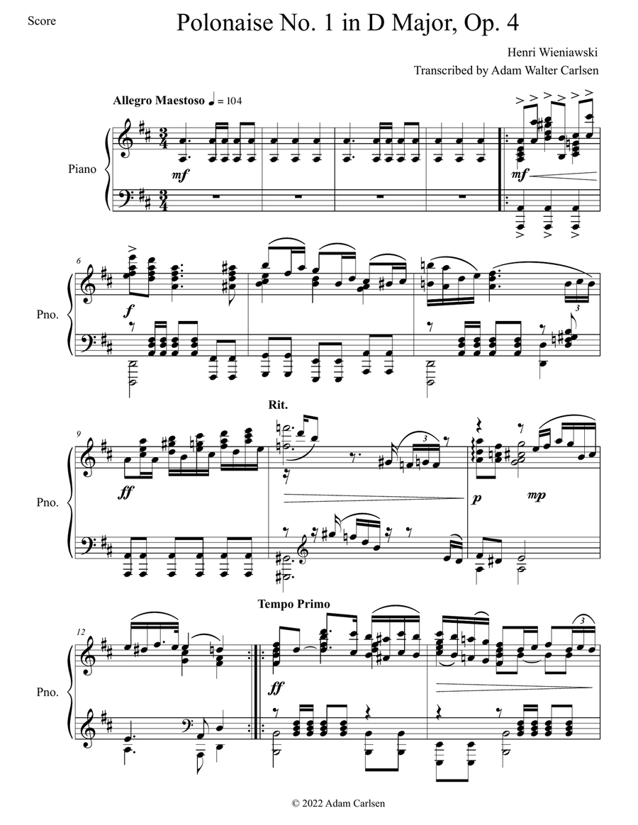 Wieniawski Polonaise No. 1 in D Major Piano Solo scores gallery preview page 2