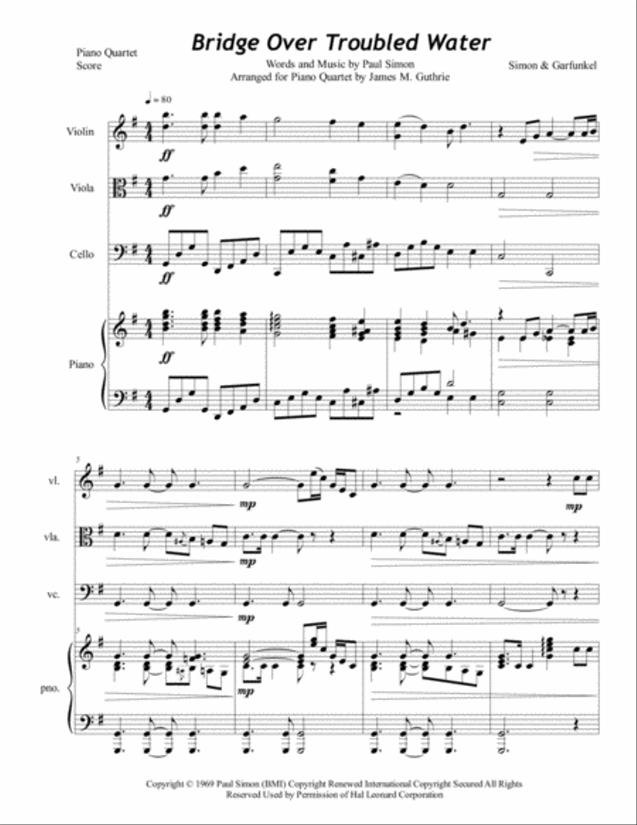 Bridge Over Troubled Water Piano Quartet scores gallery preview page 1