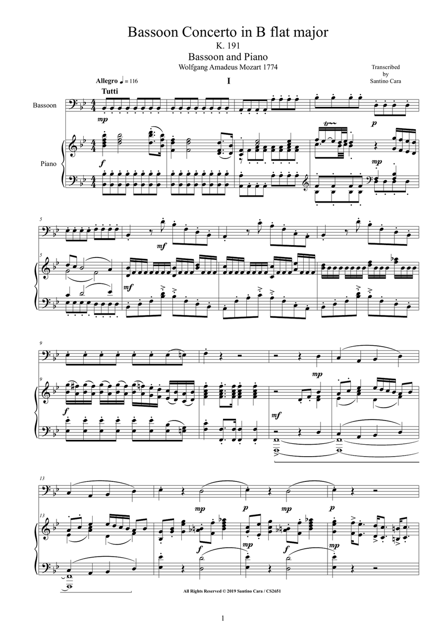 Mozart - Bassoon Concerto in B flat major K 191 for Bassoon and Piano - Score and Part image number null