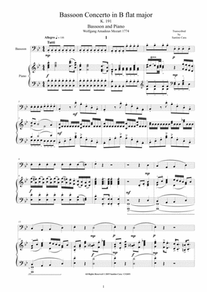 Mozart - Bassoon Concerto in B flat major K 191 for Bassoon and Piano - Score and Part