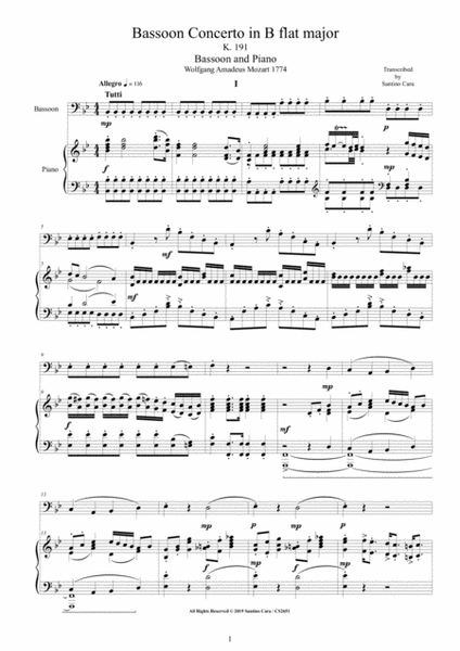 Mozart - Bassoon Concerto in B flat major K 191 for Bassoon and Piano - Score and Part image number null