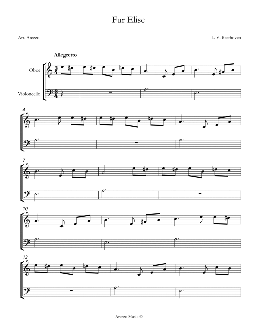 beethoven fur elise Oboe and Cello sheet music. image number null