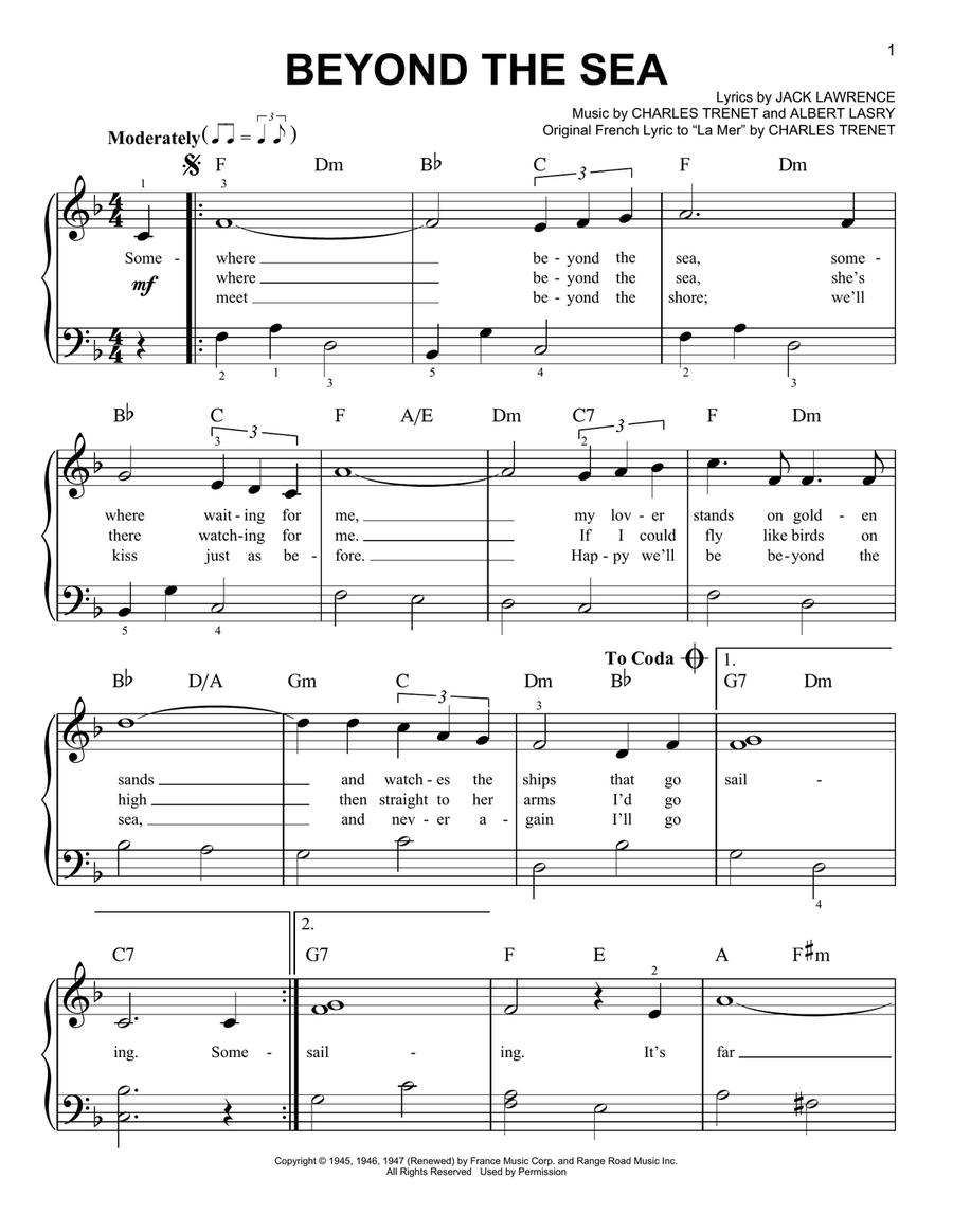 Beyond The Sea Easy Piano scores gallery preview page 1
