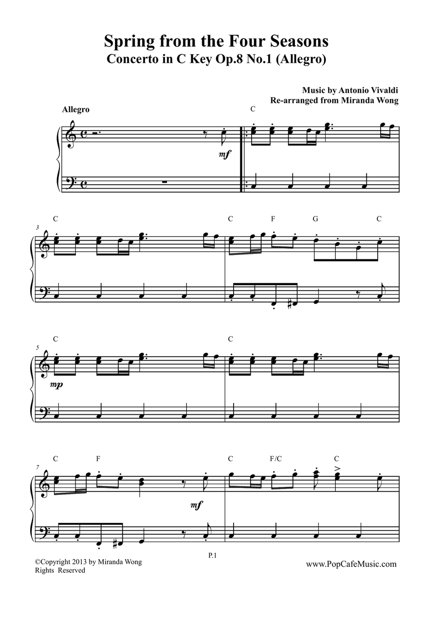 Spring from Four Seasons by Vivaldi - C Key for Piano Solo Organ Accompaniment scores gallery preview page 2
