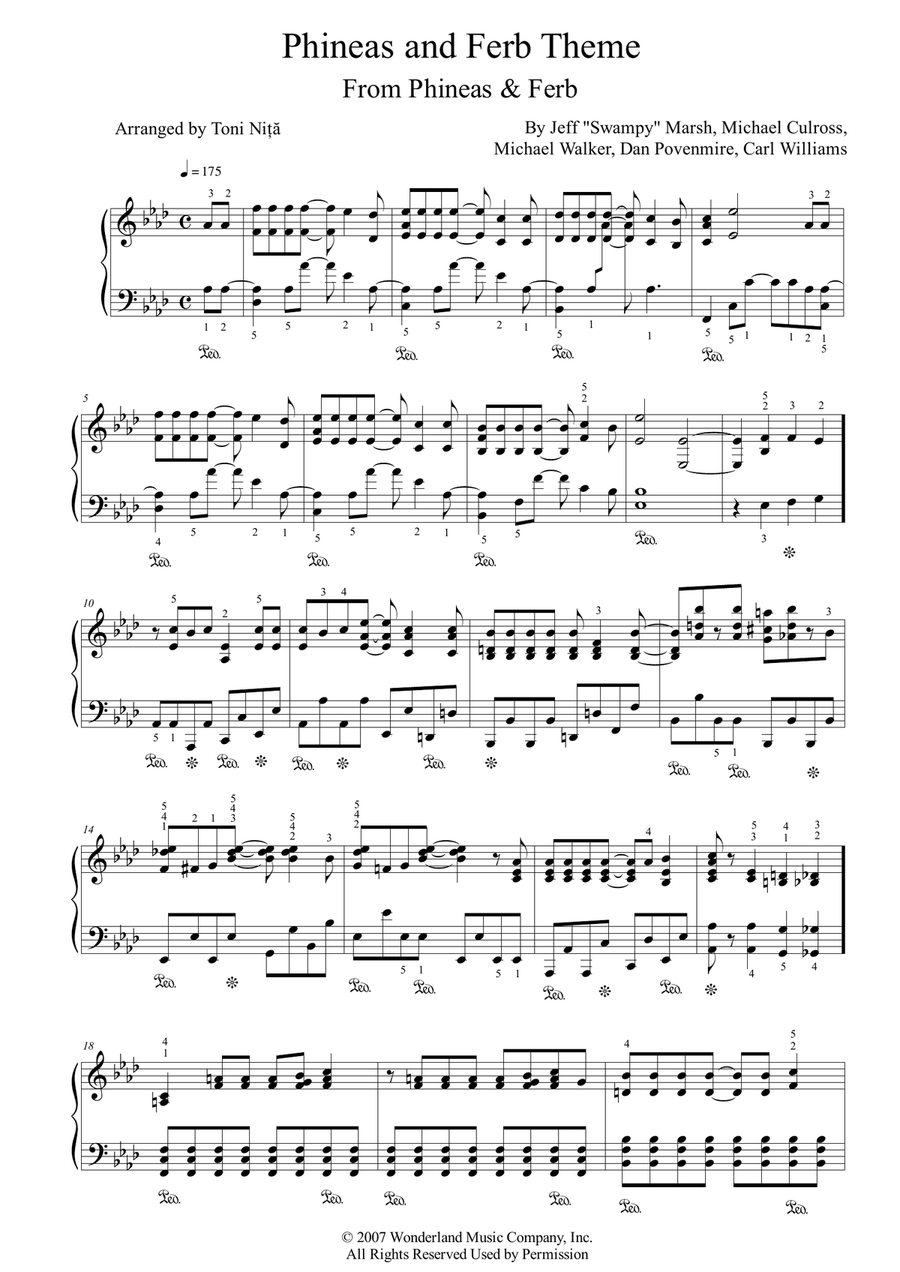 Phineas And Ferb Theme Piano Solo scores gallery preview page 1