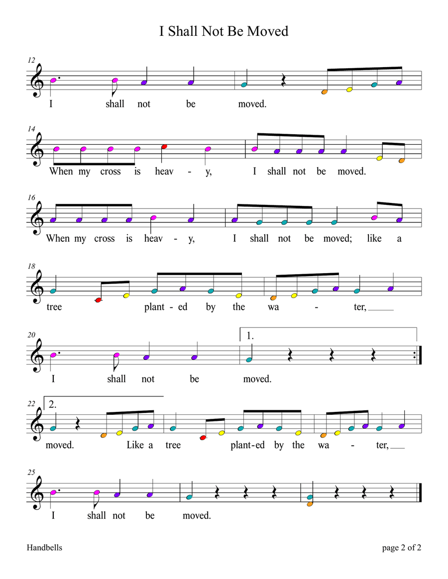 I Shall Not Be Moved (for 8-note Bells and Boomwhackers with Color Coded Notes) Handbell Choir scores gallery preview page 5