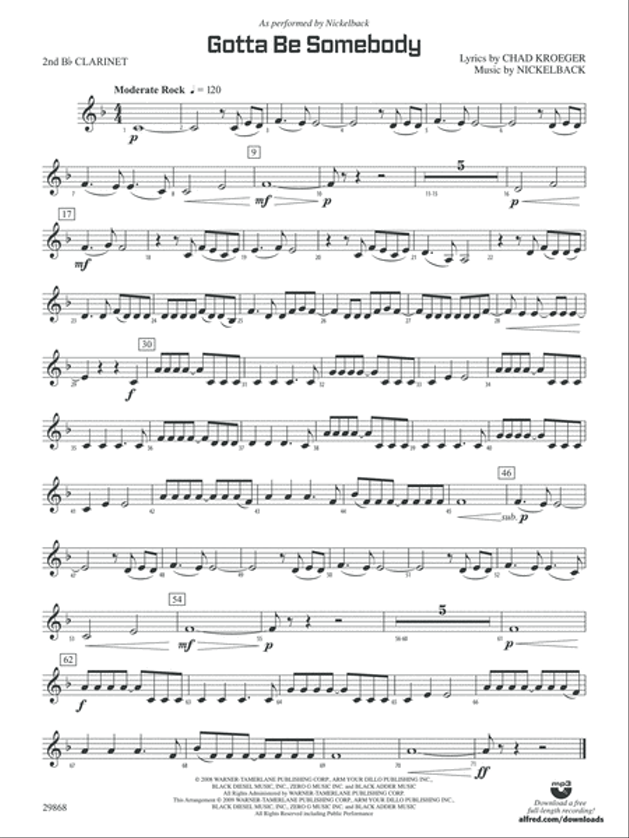 Gotta Be Somebody: 2nd B-flat Clarinet Concert Band scores gallery preview page 1