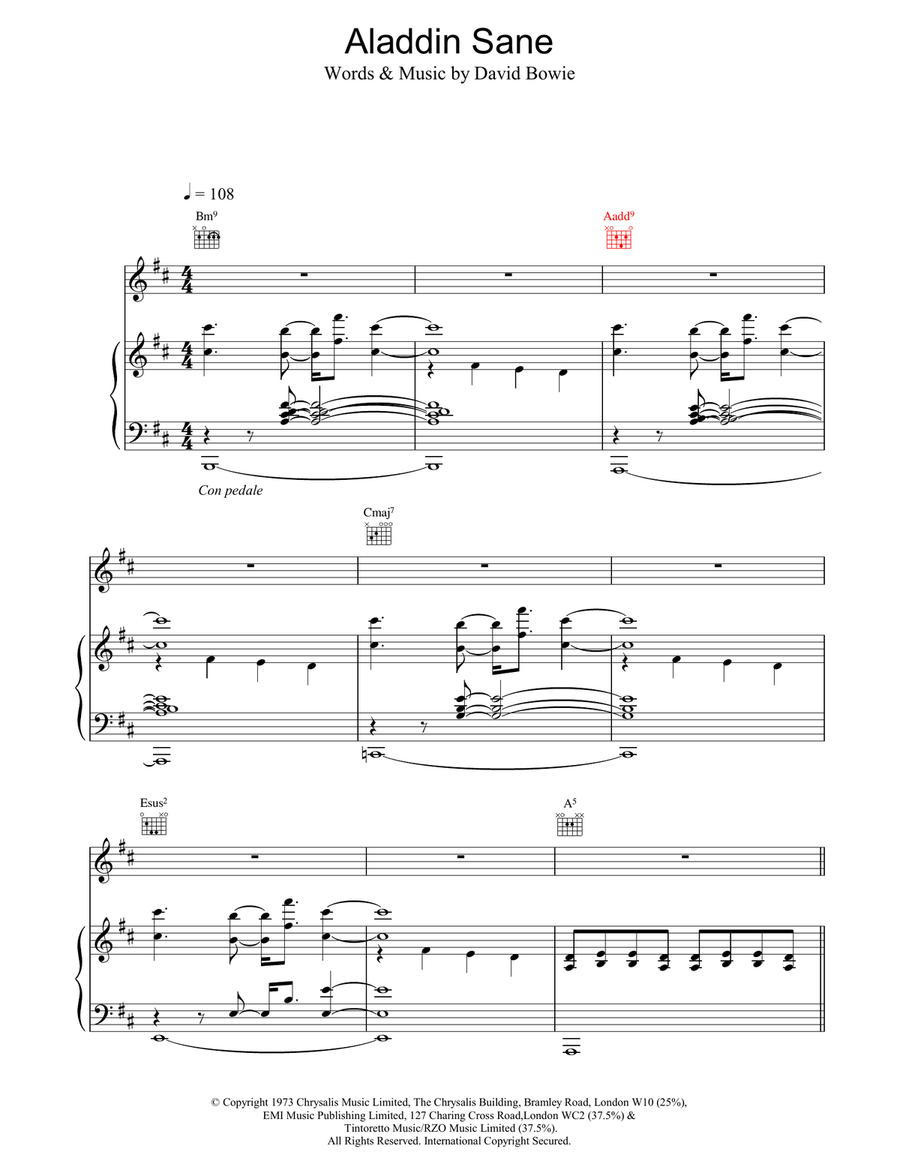 Aladdin Sane Piano, Vocal, Guitar scores gallery preview page 1